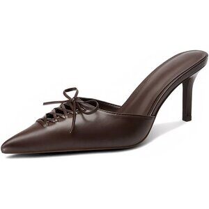 Women's Brown Pointed Closed Toe Dressy Bow Heel Vintage Heeled Mules Slip on